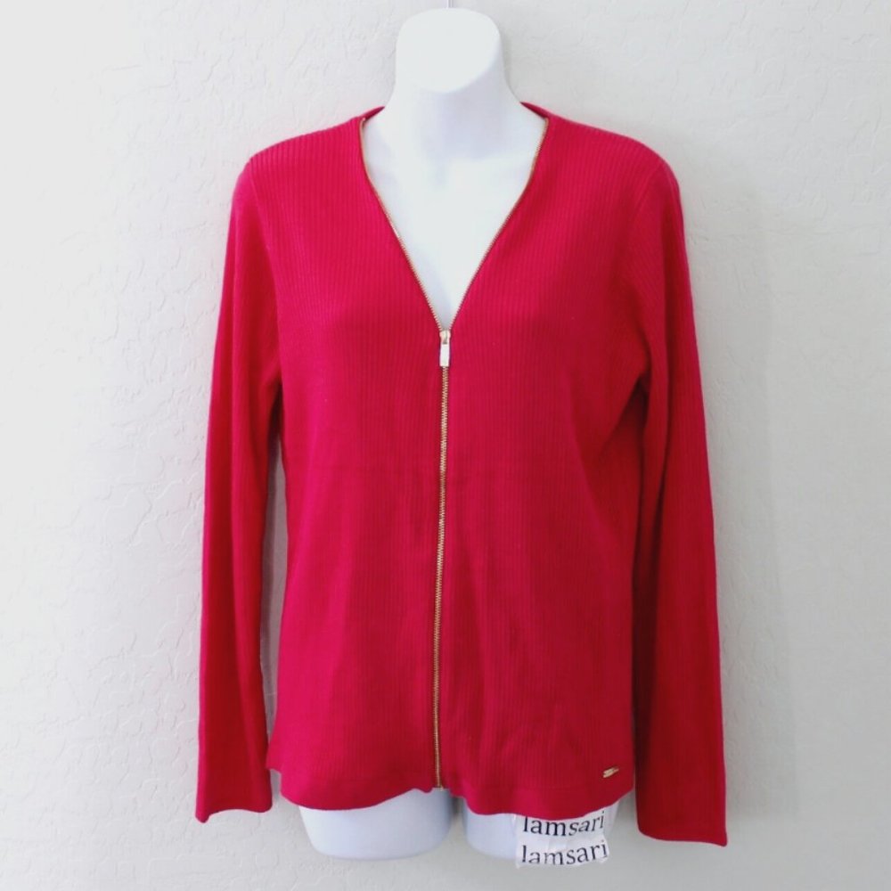 Calvin Klein Winter Rose Fuchsia Long Sleeve Ribbed Zip Cardigan Size M
